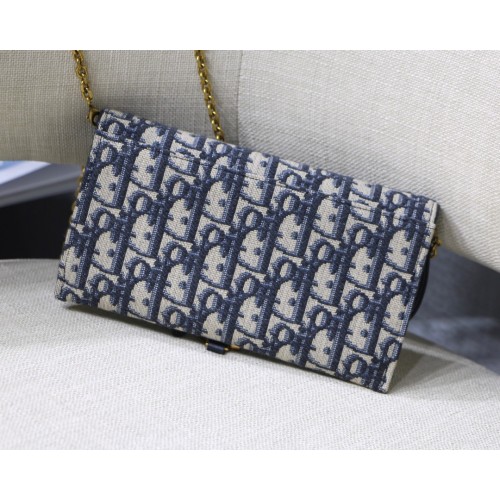 Dior Saddle Chain Wallet In Blue Oblique Jacquard