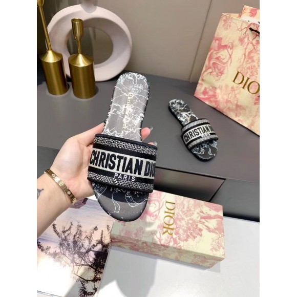 Dior Dway Slides In Black Around The World Embroidered Cotton Dior Dway Slides In Black Around The World Embroidered Cotton