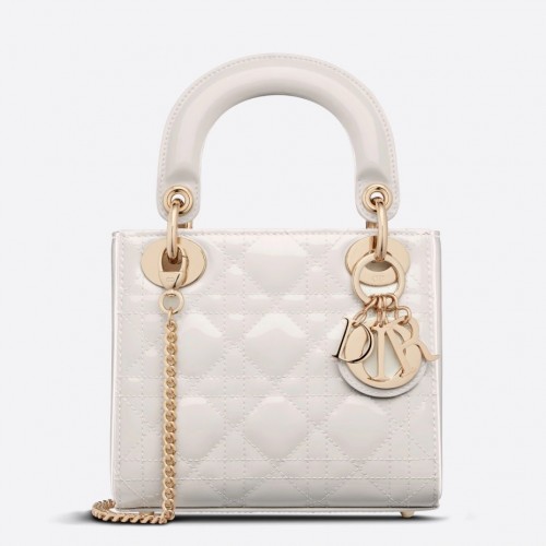 Dior Lady Dior Mini Chain Bag with Chain in White Patent Calfskin Dior Lady Dior Mini Chain Bag with Chain in White Patent Calfskin