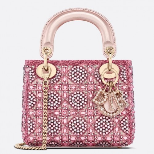 Dior Lady Dior Mini Chain Bag in Satin with Pink Resin Pearl Embroidery Dior Lady Dior Mini Chain Bag in Satin with Pink Resin Pearl Embroidery