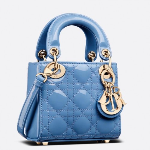 Dior Lady Dior Micro Bag In Blue Patent Cannage Calfskin Dior Lady Dior Micro Bag In Blue Patent Cannage Calfskin