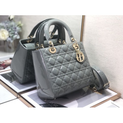 Dior Lady Dior Medium Bag In Grey Patent Cannage Calfskin Dior Lady Dior Medium Bag In Grey Patent Cannage Calfskin