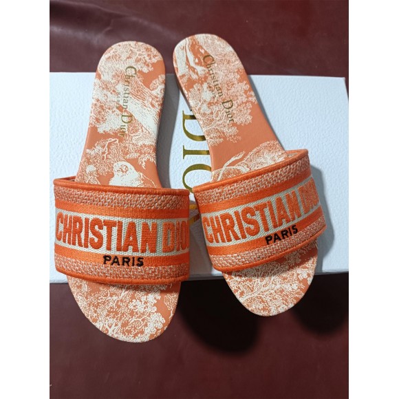 Dior Dway Slides In Bright Orange Toile de Jouy Embroidered Dior Dway Slides In Bright Orange Toile de Jouy Embroidered