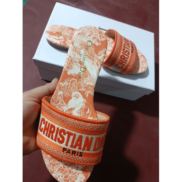 Dior Dway Slides In Bright Orange Toile de Jouy Embroidered Dior Dway Slides In Bright Orange Toile de Jouy Embroidered