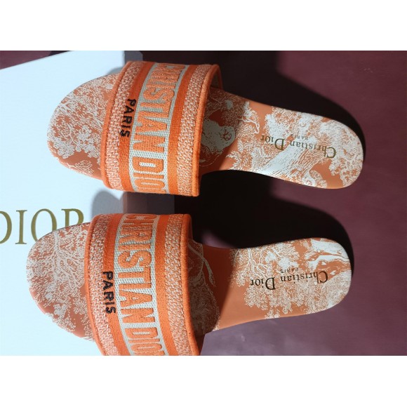 Dior Dway Slides In Bright Orange Toile de Jouy Embroidered Dior Dway Slides In Bright Orange Toile de Jouy Embroidered