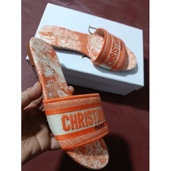 Dior Dway Slides In Bright Orange Toile de Jouy Embroidered Dior Dway Slides In Bright Orange Toile de Jouy Embroidered