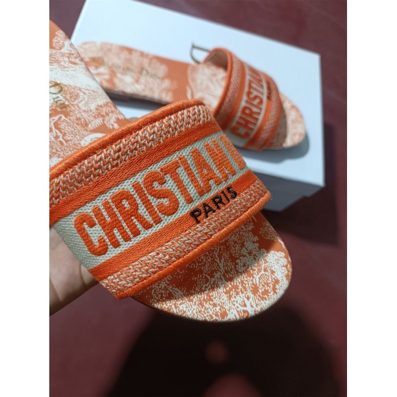 Dior Dway Slides In Bright Orange Toile de Jouy Embroidered Dior Dway Slides In Bright Orange Toile de Jouy Embroidered