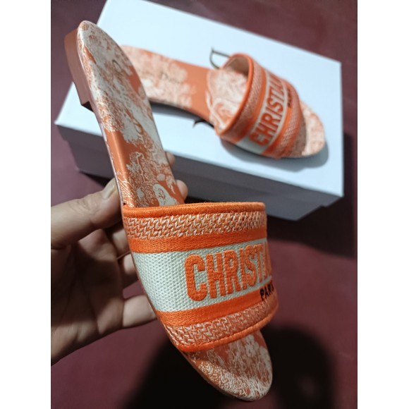 Dior Dway Slides In Bright Orange Toile de Jouy Embroidered Dior Dway Slides In Bright Orange Toile de Jouy Embroidered