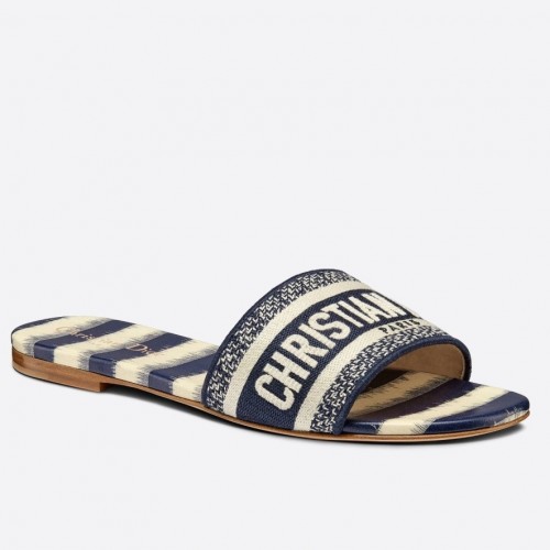 Dior Dway Slides In Navy Blue D-Stripes Embroidered Cotton Dior Dway Slides In Navy Blue D-Stripes Embroidered Cotton