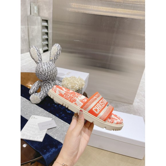 Dior Dway Slides In Bright Orange Toile de Jouy Embroidered Cotton Dior Dway Slides In Bright Orange Toile de Jouy Embroidered Cotton