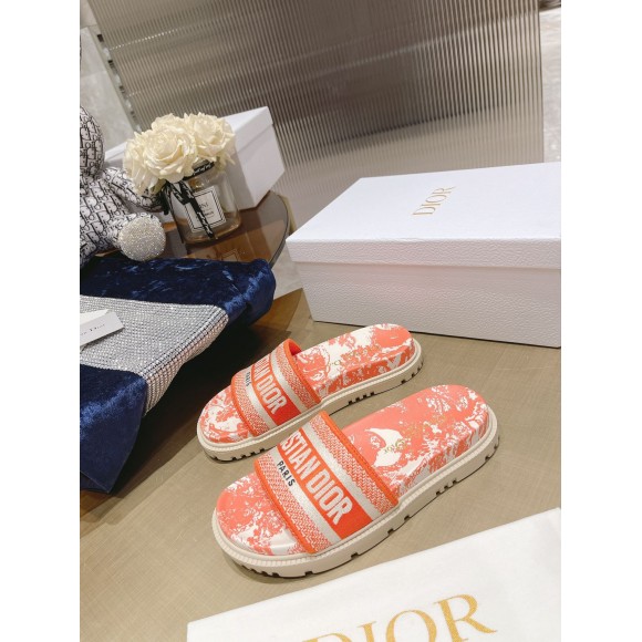 Dior Dway Slides In Bright Orange Toile de Jouy Embroidered Cotton Dior Dway Slides In Bright Orange Toile de Jouy Embroidered Cotton