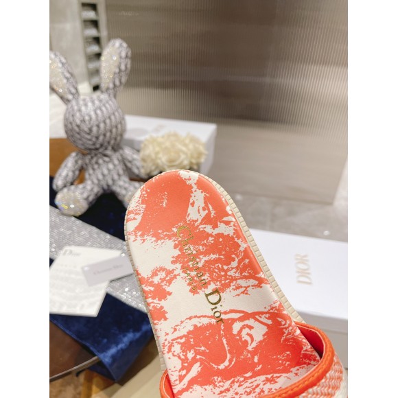 Dior Dway Slides In Bright Orange Toile de Jouy Embroidered Cotton Dior Dway Slides In Bright Orange Toile de Jouy Embroidered Cotton