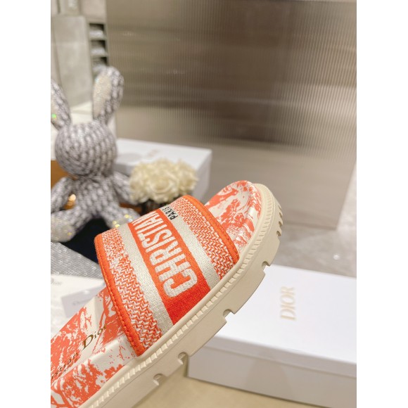 Dior Dway Slides In Bright Orange Toile de Jouy Embroidered Cotton Dior Dway Slides In Bright Orange Toile de Jouy Embroidered Cotton