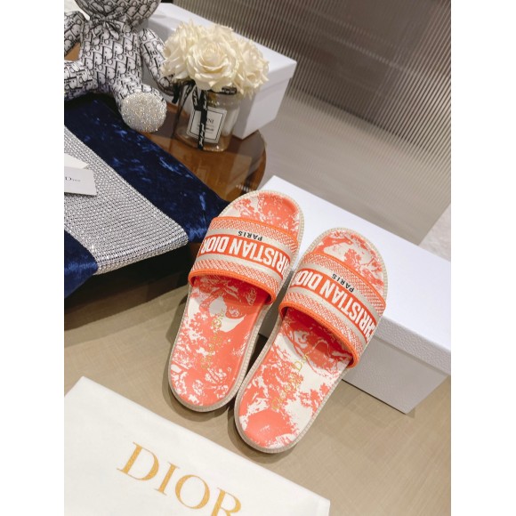 Dior Dway Slides In Bright Orange Toile de Jouy Embroidered Cotton Dior Dway Slides In Bright Orange Toile de Jouy Embroidered Cotton