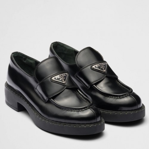 Prada Women's Loafers In Black Brushed Leather Prada Women's Loafers In Black Brushed Leather