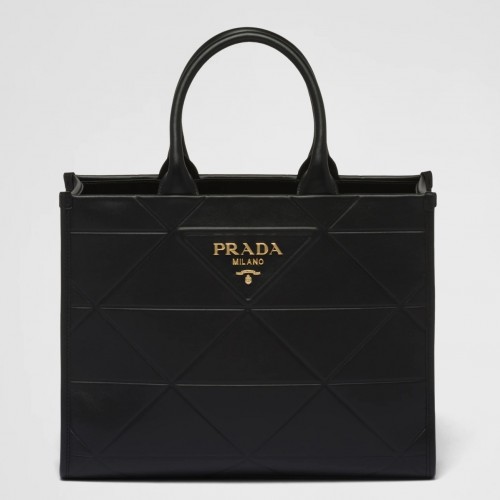 Prada Symbole Medium Bag with Topstitching in Black Leather