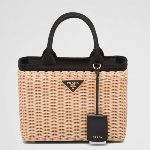 Prada Tote Bag In Wicker and Black Canvas Prada Tote Bag In Wicker and Black Canvas