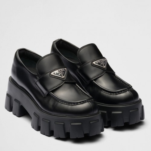 Prada Women's Monolith Loafers In Black Brushed Leather Prada Women's Monolith Loafers In Black Brushed Leather