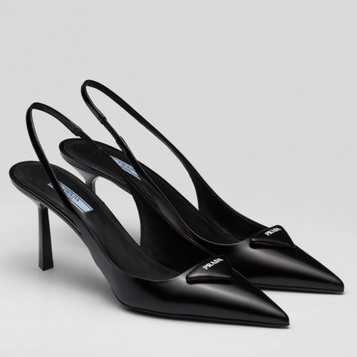Prada Slingback Pumps 75MM In Noir Brushed Leather Prada Slingback Pumps 75MM In Noir Brushed Leather