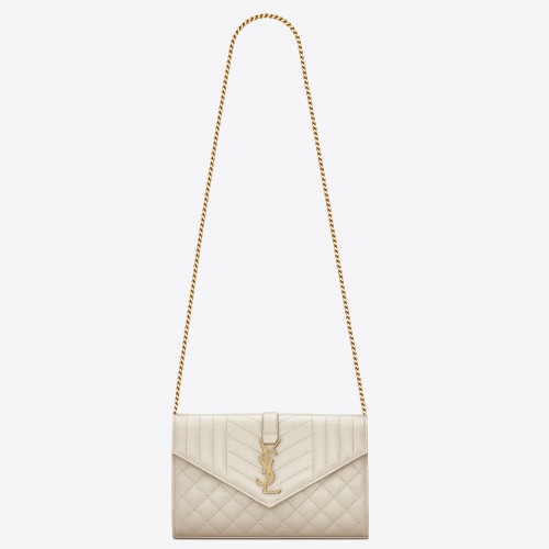 Saint Laurent Envelope Chain Wallet in White Grained Leather