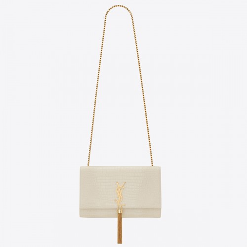 Saint Laurent Kate Medium Tassel Bag In White Crocodile-embossed Leather