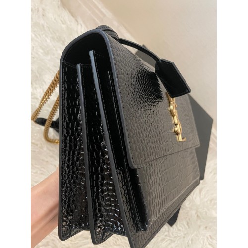 Saint Laurent Sunset Large Chain Bag In Black Crocodile-embossed Leather Saint Laurent Sunset Large Chain Bag In Black Crocodile-embossed Leather
