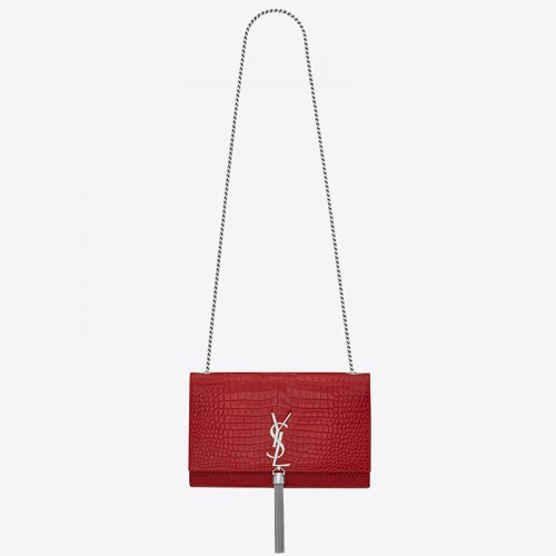 Saint Laurent Kate Medium Tassel Bag In Red Crocodile-embossed Leather Saint Laurent Kate Medium Tassel Bag In Red Crocodile-embossed Leather