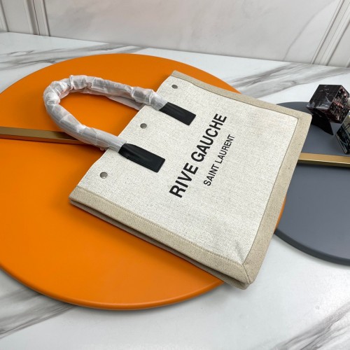 Saint Laurent Rive Gauche Small Tote Bag in White Linen and Leather Saint Laurent Rive Gauche Small Tote Bag in White Linen and Leather