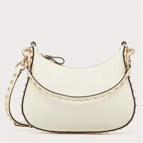 Valentino Rockstud Small Hobo Bag in White Grainy Calfskin Valentino Rockstud Small Hobo Bag in White Grainy Calfskin