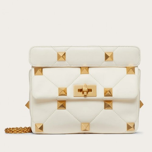 Valentino Roman Stud Medium Chain Bag In White Nappa Leather