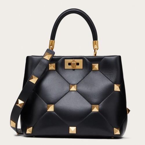 Valentino Roman Stud Top Handle Bag In Black Nappa Leather Valentino Roman Stud Top Handle Bag In Black Nappa Leather