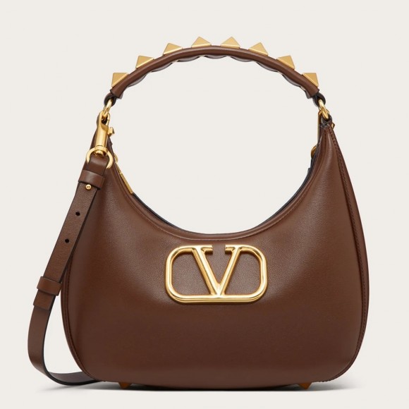 Valentino Stud Sign Hobo Bag In Dark Brown Calfskin Valentino Stud Sign Hobo Bag In Dark Brown Calfskin