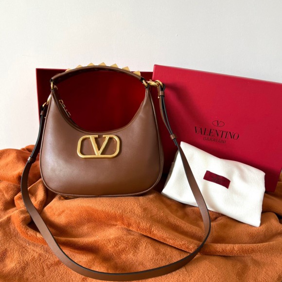 Valentino Stud Sign Hobo Bag In Dark Brown Calfskin Valentino Stud Sign Hobo Bag In Dark Brown Calfskin