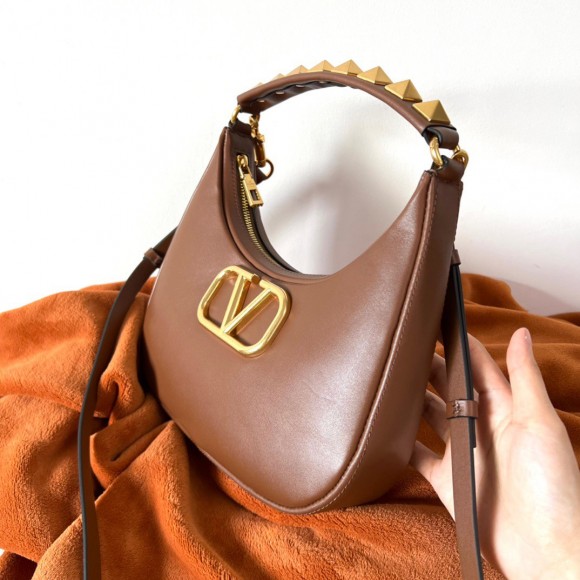 Valentino Stud Sign Hobo Bag In Dark Brown Calfskin Valentino Stud Sign Hobo Bag In Dark Brown Calfskin