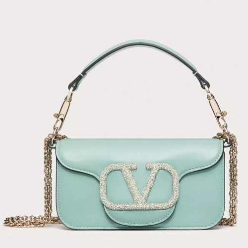 Valentino Small Loco Shoulder Light Green Bag with Crystals Logo Valentino Small Loco Shoulder Light Green Bag with Crystals Logo