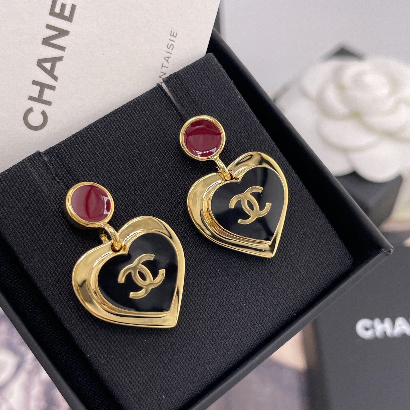 Chanel-CC-Heart-Drop-Earrings-Black