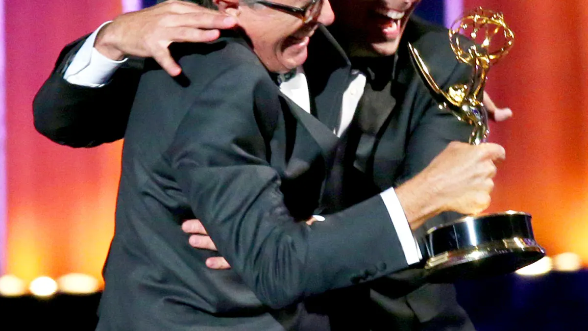 Stephen Colbert and Jimmy Fallon on stage during the 66th Emmy Awards
