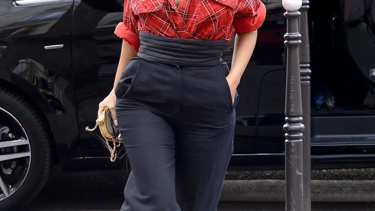 Kim Kardashian wears plaid in Paris on Sept. 25, 2014