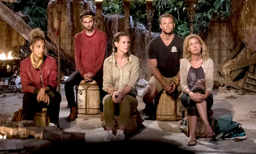 Ali Elliott, Ryan Ulrich, Roark Luskin, John "JP" Hilsabeck and Chrissy Hofbeck at Tribal Council