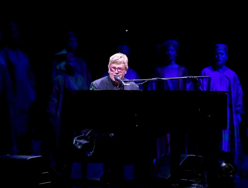 Elton John performing during the Curtain Call for 20th Anniversary Performance of 'The Lion King' on Broadway at The Minskoff Theatre on November 5, 2017 in New York City.