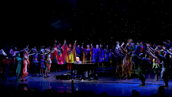 Elton John with the cast performing during the Curtain Call for 20th Anniversary Performance of 'The Lion King' on Broadway at The Minskoff Theatre on November 5, 2017 in New York City.