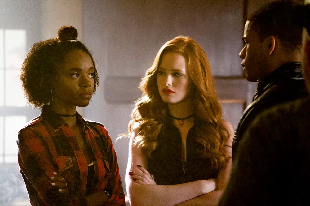 Ashleigh Murray as Josie McCoy, Madelaine Petsch as Cheryl Blossom and Jordan Calloway as Chuck Clayton on &lsquo;Riverdale&lsquo;
