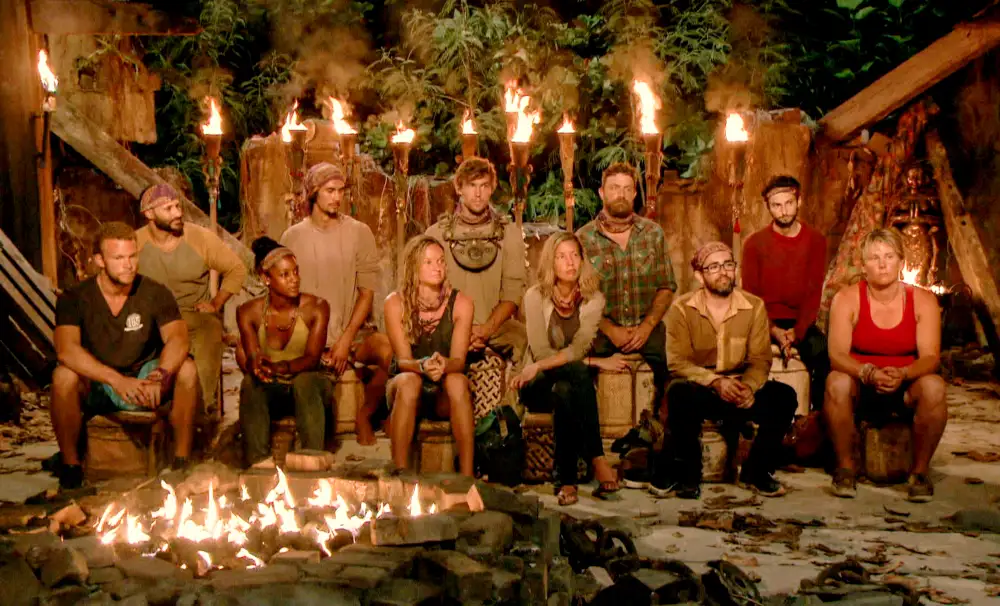 John "JP" Hilsabeck, Joe Mena, Desiree Williams, Devon Pinto, Ashley Nolan, Cole Medders, Chrissy Hofbeck, Ben Driebergen, Mike Zahalsky, Ryan Ulrich and Lauren Rimmer at Tribal Council on Survivor themed Heroes vs. Healers vs. Hustlers