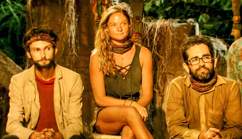 Ryan Ulrich, Ashley Nolan and Mike Zahalsky at Tribal Council on Survivor themed themed &lsquo;Heroes vs. Healers vs. Hustlers&lsquo;