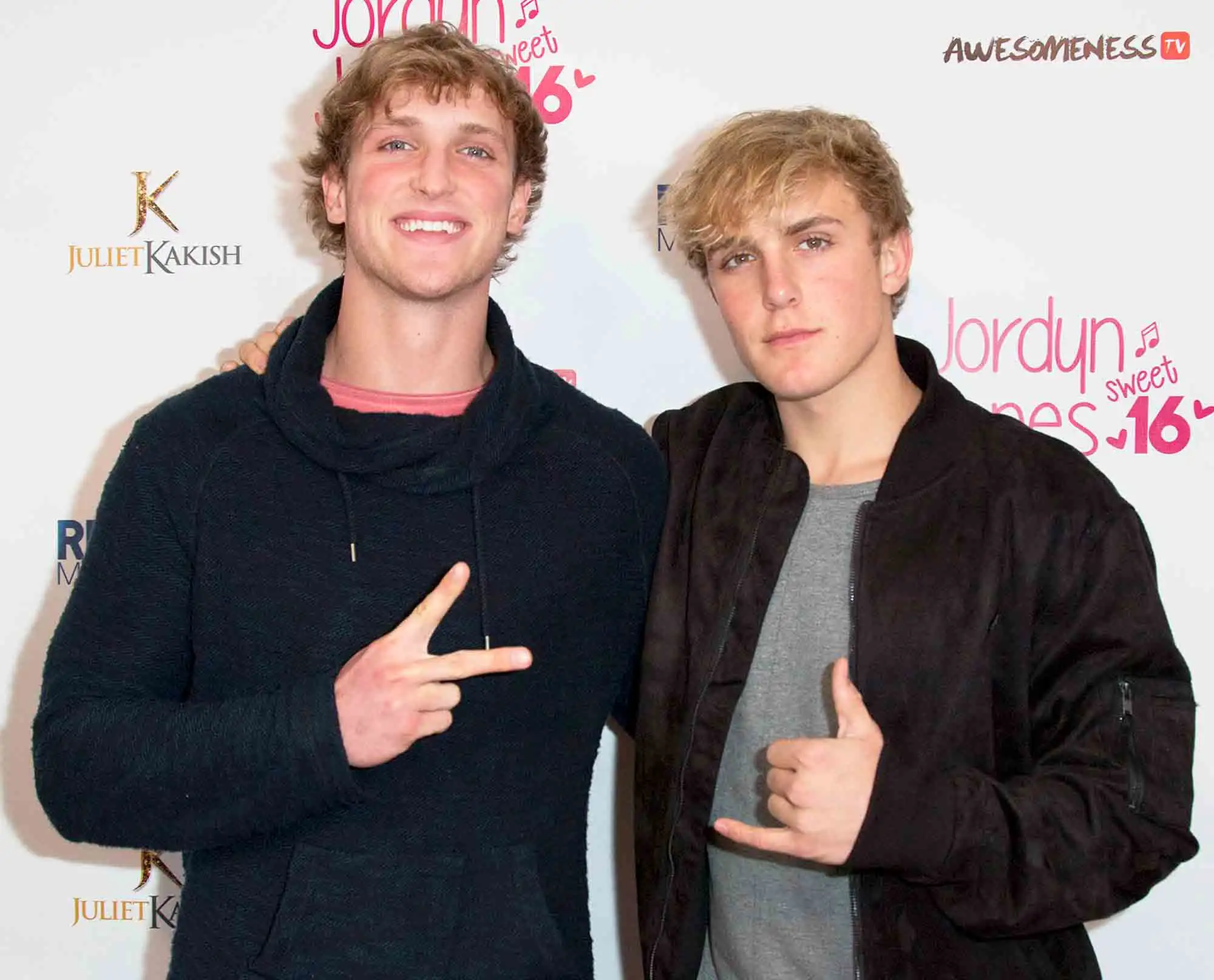 Logan Paul and Jake Paul attend Jordyn Jones Sweet 16th birthday party at OHM Nightclub on March 13, 2016 in Hollywood, California.