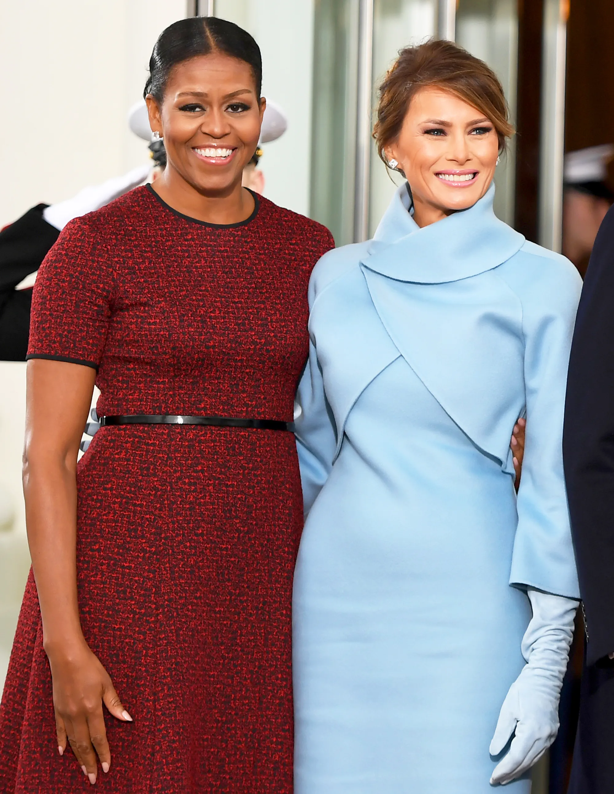 Michelle Obama and Melania Trump to the White House in Washington, DC on January 20, 2017.