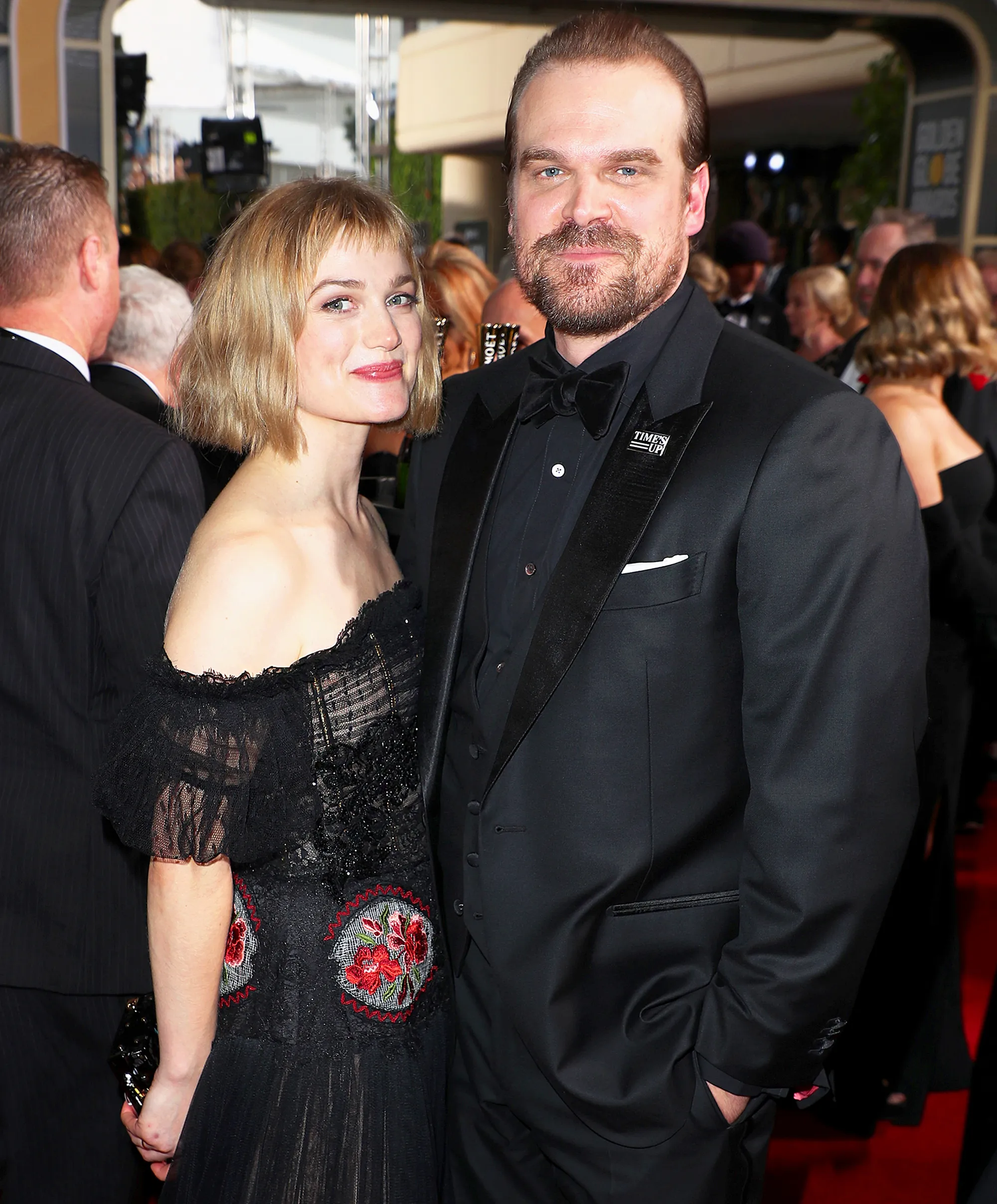 Alison Sudol and David Harbour celebrate The 75th Annual Golden Globe Awards with Moet & Chandon at The Beverly Hilton Hotel on January 7, 2018 in Beverly Hills, California.