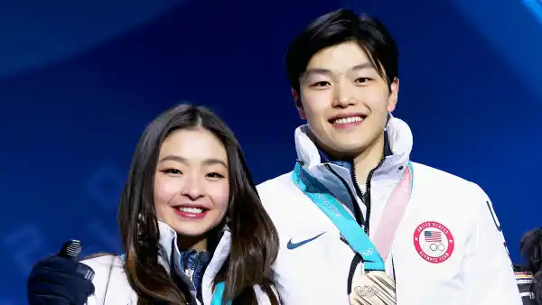 Bronze medalists Maia Shibutani and Alex Shibutani of the United States celebrate during the medal ceremony for Figure Skating - Ice Dance Free Dance on day 11 of the PyeongChang 2018 Winter Olympic Games on February 20, 2018 in Pyeongchang-gun, South Korea.