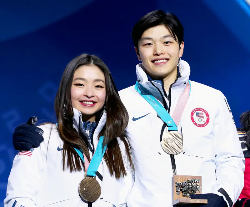 Bronze medalists Maia Shibutani and Alex Shibutani of the United States celebrate during the medal ceremony for Figure Skating - Ice Dance Free Dance on day 11 of the PyeongChang 2018 Winter Olympic Games on February 20, 2018 in Pyeongchang-gun, South Korea.
