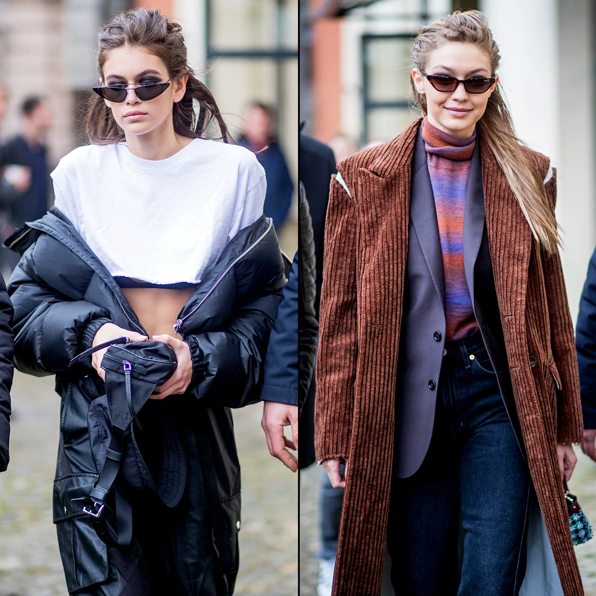 Kaia Gerber and Gigi Hadid step out during Milan Fashion Week Fall/Winter 2018/19 on February 22, 2018 in Milan, Italy.